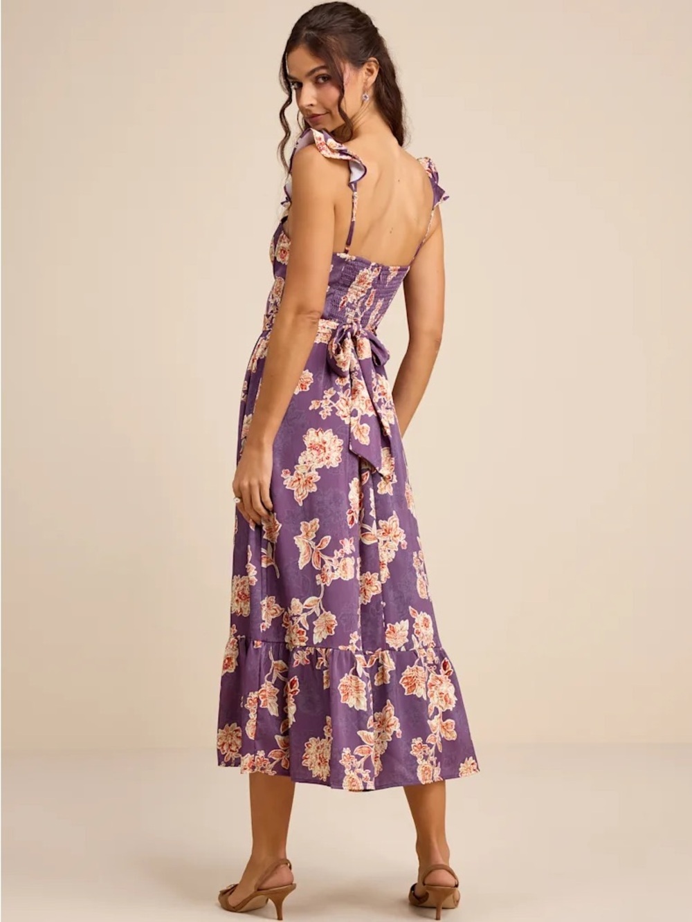 Lulus Sweet Like Sangria Purple Floral Ruffled Bustier Midi Dress - Picture 3 of 8